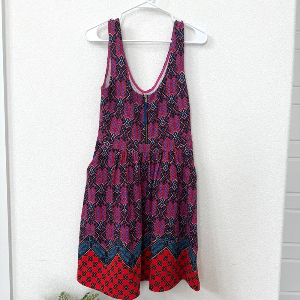 MAEVE Sleeveless Fit Flare Dress Red Pink Boho Zip Front Pockets Size 8 Cotton